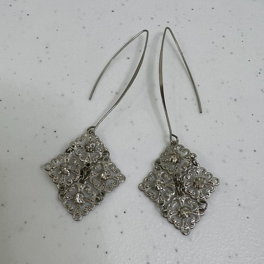 Drop Earrings Silver Tone Rhinestone Swirl Textured Dangle Unique  Used, see pho